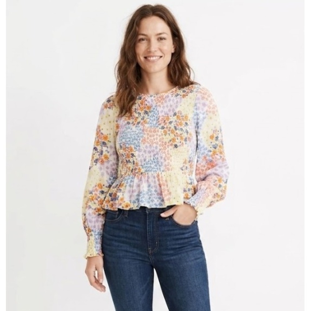 Fat Face Multicolor Floral Smocked Elegant Long Sleeve Babydoll Blouse Size 12